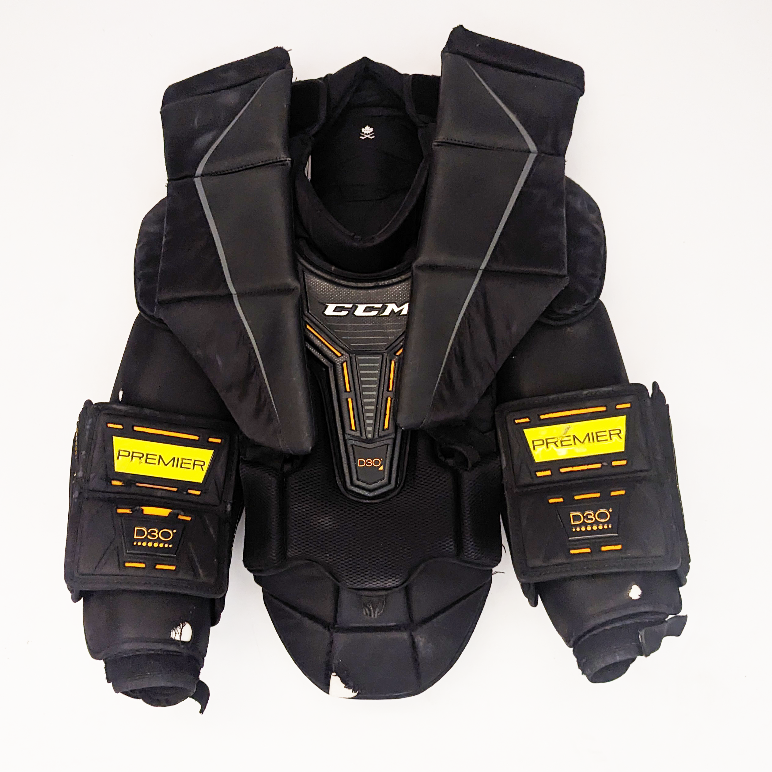 CCM Axis - Plastron de gardien de but Pro Stock d'occasion avec bras Premier (noir/jaune)